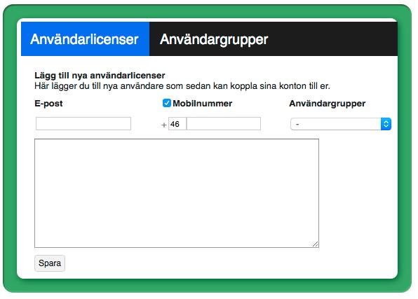 E-post + mobilnummer har fyllts i och licensen kopplas till Användargrupperna Personal Gävle samt Ledningsgruppen.