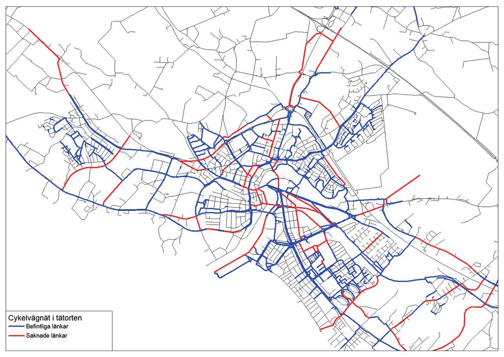 Övergripande cykelvägnät De blåmarkerade cykelvägarna är de som finns