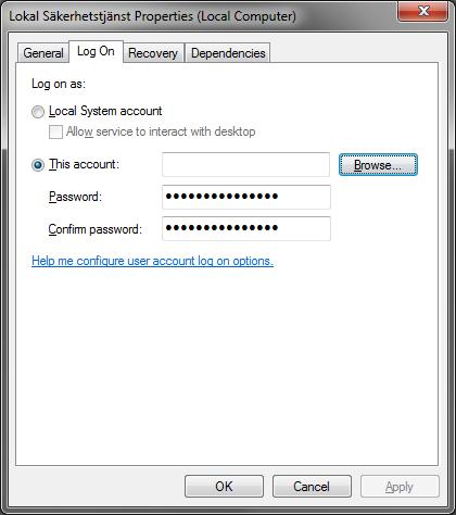 Förvalt är värdet satt till Local System Account, men sök istället fram och välj den användare som skapades innan, genom att klicka på knappen Browse. 4. Figur: Service egenskaper.