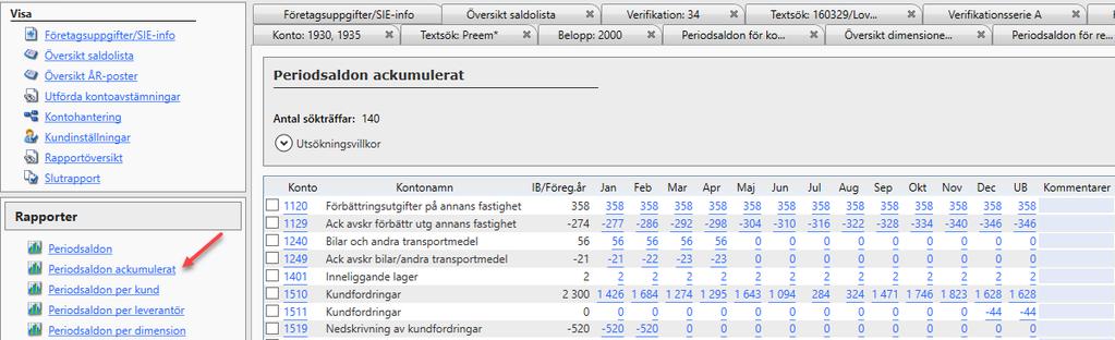 Du kan även i rapporterna kryssa i en bock på de konton du vill ska följa med till Slutrapporten. Periodsaldon Rapporten Periodsaldon visar kontonas saldon under perioden fördelade per månad.