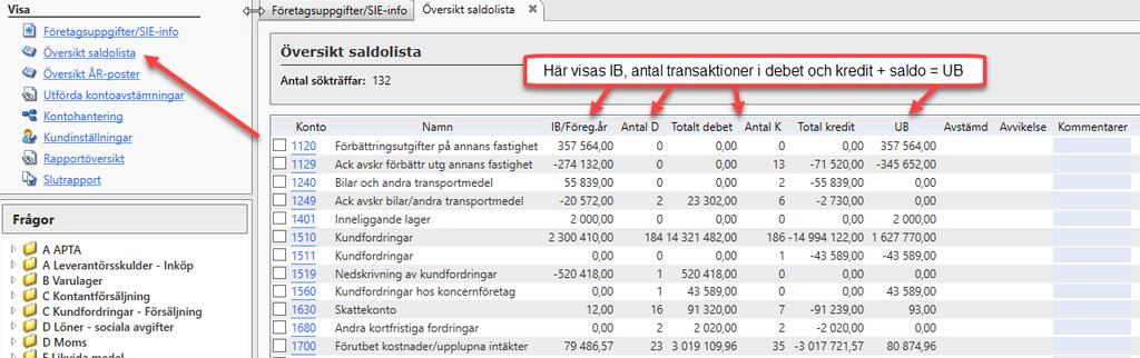 Det går att borra sig ned på varje konto och få ett kontoutdrag för hela periodens transaktioner. Du kan även sortera på kolumnerna genom att klicka på rubriken.