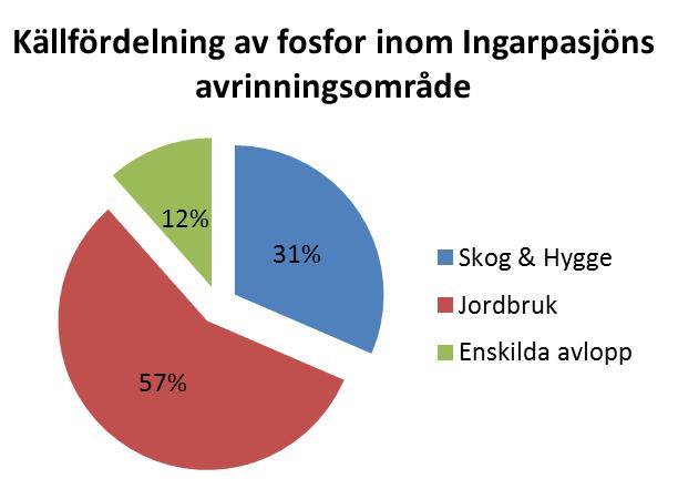 24 avlopp står för 12 %. Från jordbruksmarken är den antroprogena fraktionen av fosfor jämförelsevis högre (ca 35 %) jämfört med skogsmarken, där bakgrundsbelastningen utgör över 99 %.