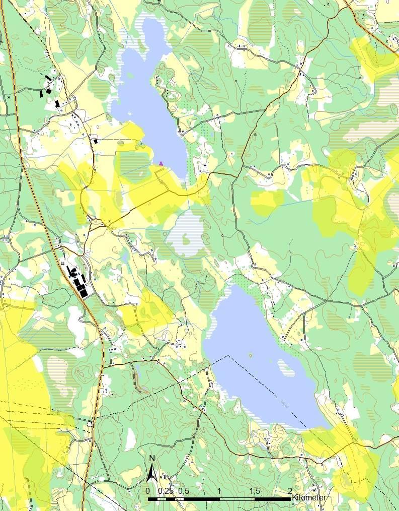 37 Figur 28. Områden för potentiella våtmarker (gul markering) i anslutning till Ingarpasjön och Bodasjön, enligt länsstyrelsen I Jönköpings län.