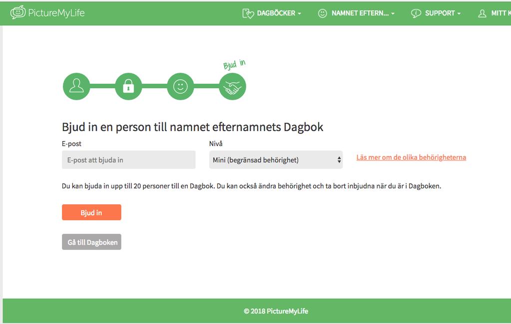 Du kan bjuda in upp till 0 personer.. Ange vilken nivå/behörighet som personen som du bjuder in ska ha; Mini, Midi, Maxi eller Maxi Plus.