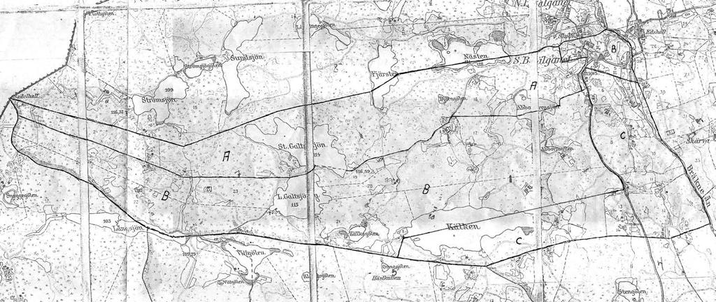 Södra Belganet 1/2 mantal, A, B och C gårdarnas gränser år 1800.