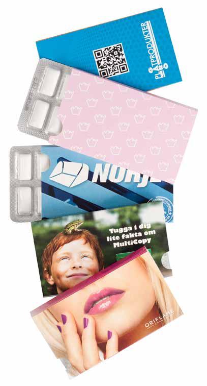 TUGGUMMI En tacksam och uppskattad giveawayprodukt eftersom många dagligen använder tuggummi, därför blir förpackningen naturlig att ta till sig.