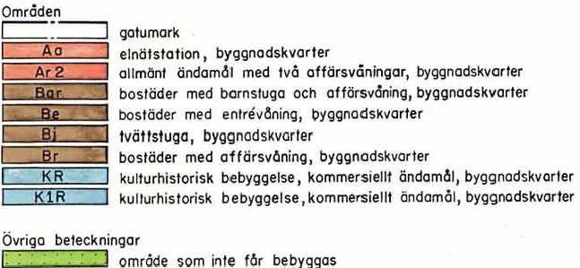 Detta har aldrig skett och den befintliga bebyggelsen överensstämmer inte med detaljplanen. Gällande Stadsplan för del av kv. Riddaren mm med markerat planområde.