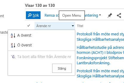 ditt sökbegrepp trycker du på enter eller på förstoringsglaset. 3. Träfflistan a. När du gör en enkel sökning via sökmenyn har du möjligheter att hantera och anpassa träfflistan.