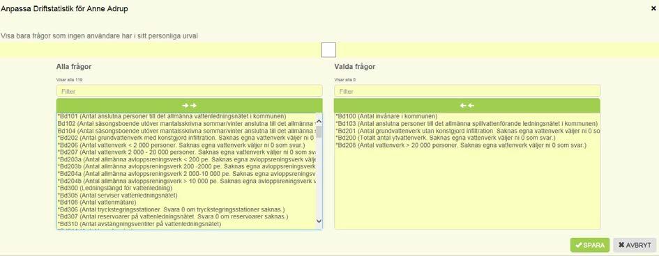 Urvalet skapas under Administrera, Fördela frågorna till användarna: Välj först vilken undersökning det rör sig om, vilken