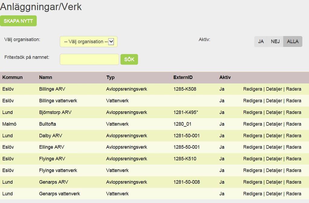 7. Anläggningar Behöver man göra någon form av ändring i uppgifterna om anläggningarna går man in under Administrera Anläggningar Här kan man redigera uppgifter om