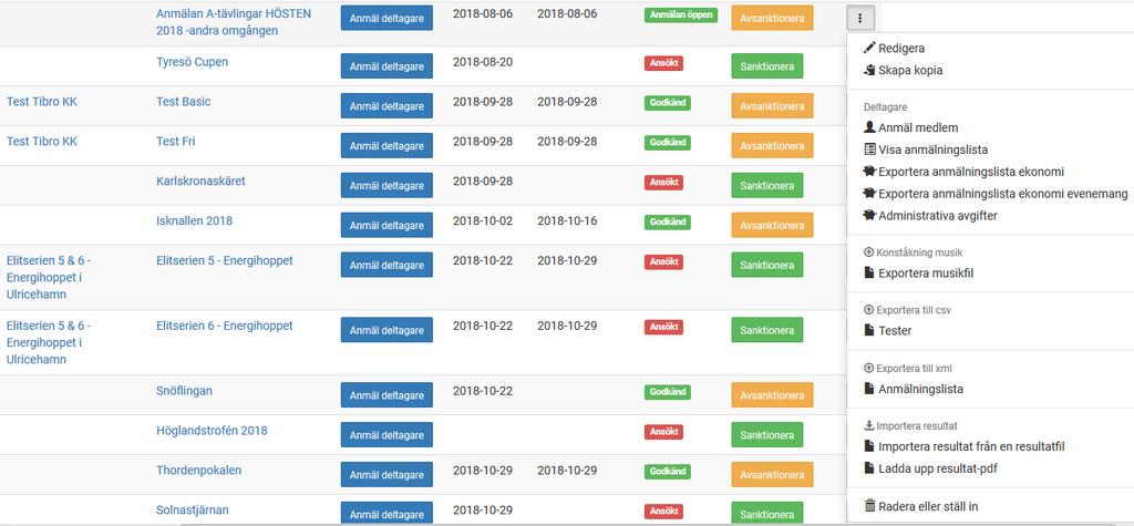 En sammanställning av de administrativa avgifterna för en tävling kan exporteras som CSV-fil (kommaavgränsad fil som t ex kan öppnas i Excel) genom att klicka på ikonen med de tre lodräta prickarna
