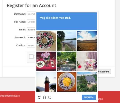 Klicka på Create Account Röd ruta kommer upp om ett username eller passord anges med felaktiga tecken Fyll i valfritt