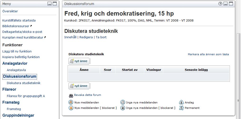 Övning 42: Starta en tråd och lägga in inlägg 1. Välj Öppna. 2. Klicka på Nytt ämne. Starta nytt ämne 3. Skriv valfri ämnesrubrik i rutan Rubrik för det ämne du vill ska diskuteras.