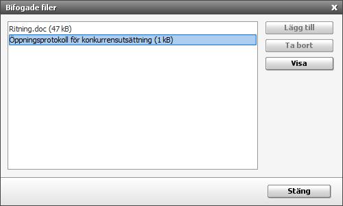 Öppningsprotokollet läggs under Bilagor på konkurrensutsättningen. Markera öppningsprotokollet och klicka på Visa för att öppna.