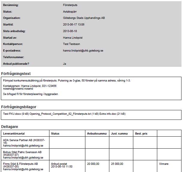 9. Utskrift Det är möjligt att skriva ut en översikt av konkurrensutsättningen. Välj Skriv ut längst ner till höger.