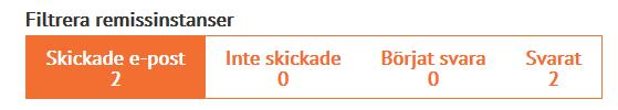 Du kan filtrera remissinstanser som fått begäran om utlåtande: Skickade e-post o Mottagare på sändlistan Inte skickade o Följ vilka e-postadresser meddelandet inte kunde skickas till Börjat svara o