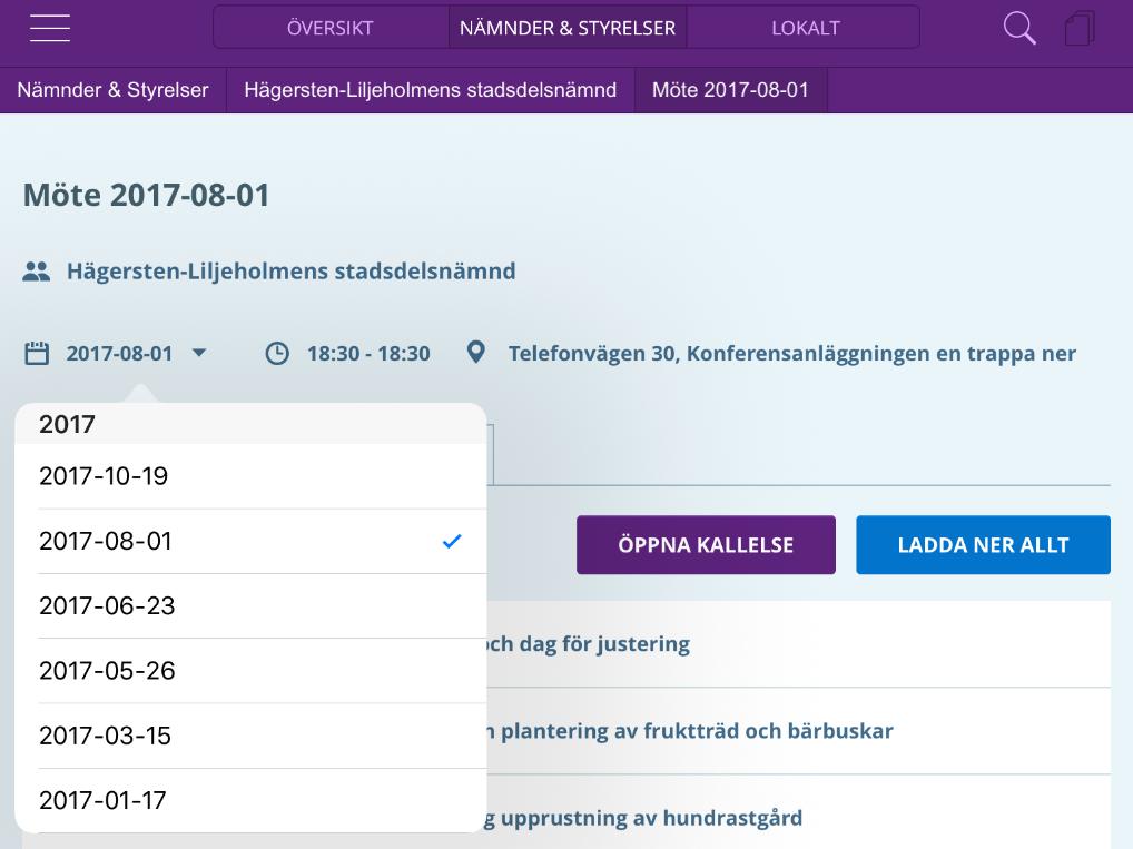 2.8.3 Kallelse och protokoll Vidare innehåller mötesvyn två olika flikar, Kallelse och Protokoll [1]: - I kallelsefliken listas mötets alla punkter/ärenden (det vill säga föredragningslistan) och