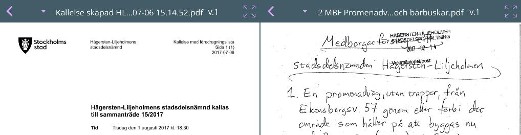 Tryck antingen på dokumentnamnet eller triangeln [2] för att visa listan med redan öppnade dokument eller tryck på den rosa tillbaka-pilen [3] för att gå tillbaka till mötesvyn och öppna ett nytt