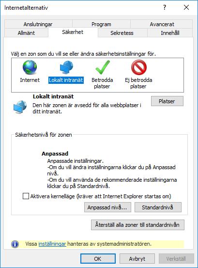 Kontrollera nu vilken säkerhetszon webbsidan ligger i. Det gör man genom att se vilken säkerhetszon som är markerad i säkerhetsfliken.