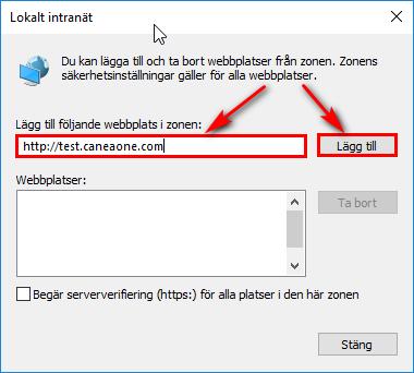 Vi använder oss av webbadressen http://test.caneaone.com i vårt exempel. 5. Nu ligger webbsidan i säkerhetszon Lokalt intranät.