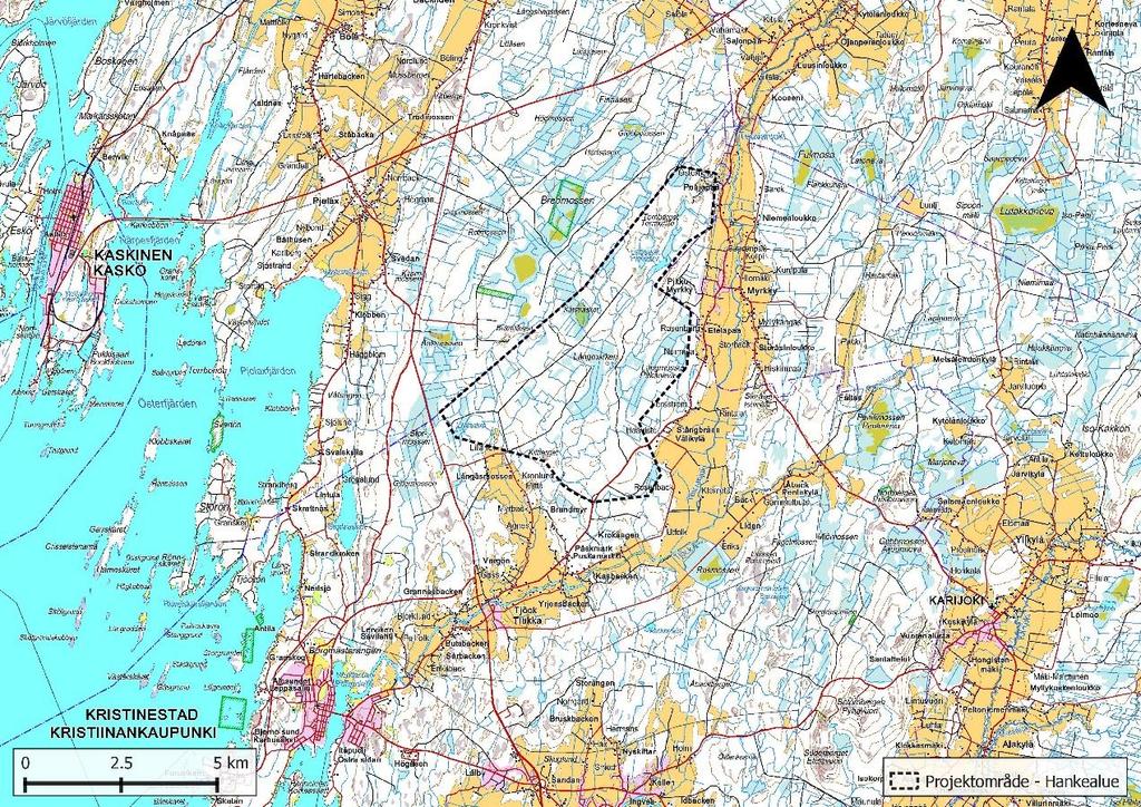 Figur 4: Projektområdets läge och avgränsning. 4.3 Vindförhållanden Projektområdet är beläget cirka sju kilometer från kusten, så vindförhållandena är goda.