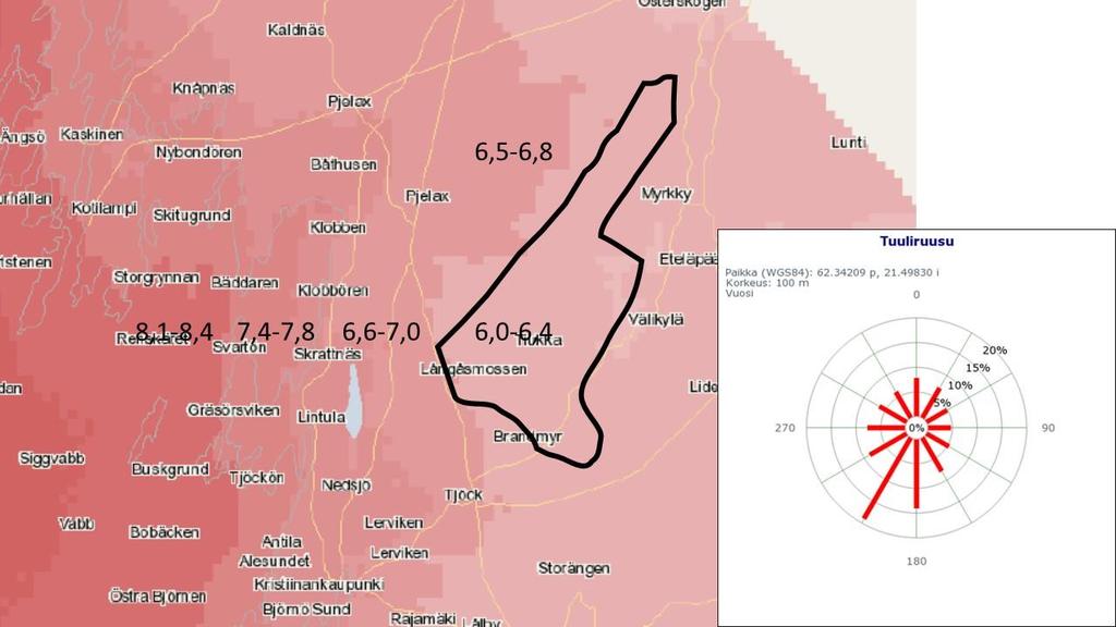 Figur 5: Vindros och beräknad medelvindhastighet (m/s) på 100 m höjd i området samt dess närområde enligt Finsk Vindatlas. 4.