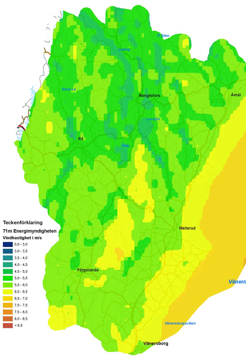 Figur 1. Kartan visar vinden på 71 meters höjd över havet.