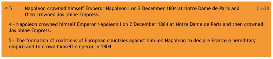Figur 7 - Resultatet av att söka på Napoleon och här ser man det expanderade resultatet där två meningar som har liknande betydelse har hittats.