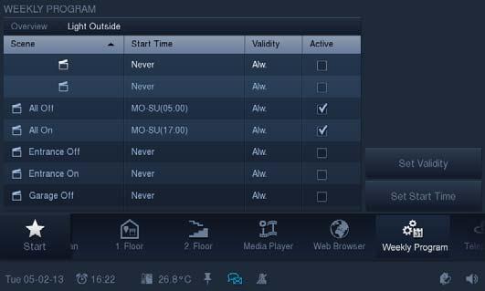5.3.9 Veckoprogram Det går att ställa in och automatisera en valfri mängd veckovis återkommande förlopp (scener och sekvenser) för varje veckodag på ett överskådligt sätt.