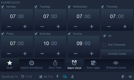 5.4.7 Alarmklocka Det går att ange veckodagsspecifika larmtider som öppnar en särskild scen för väckning (t.ex. starta mediaspelare med favoritmusik).