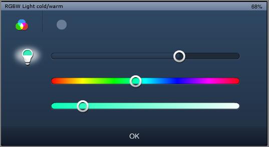 RGB-betjäning Med RGB-styrelementet går det att göra bestämda inställningar hos motsvarande lampor (LED:s, Philips Hue o.s.v.). Det går exempelvis att ändra färg eller anpassa andelen varmt vitt.