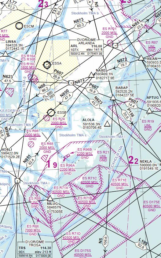 Figur 3 Ett exempel på virrvarret av flygvägar som korsar luftrummet över Stockholmsregionen (AIP ENR 6.1.1).