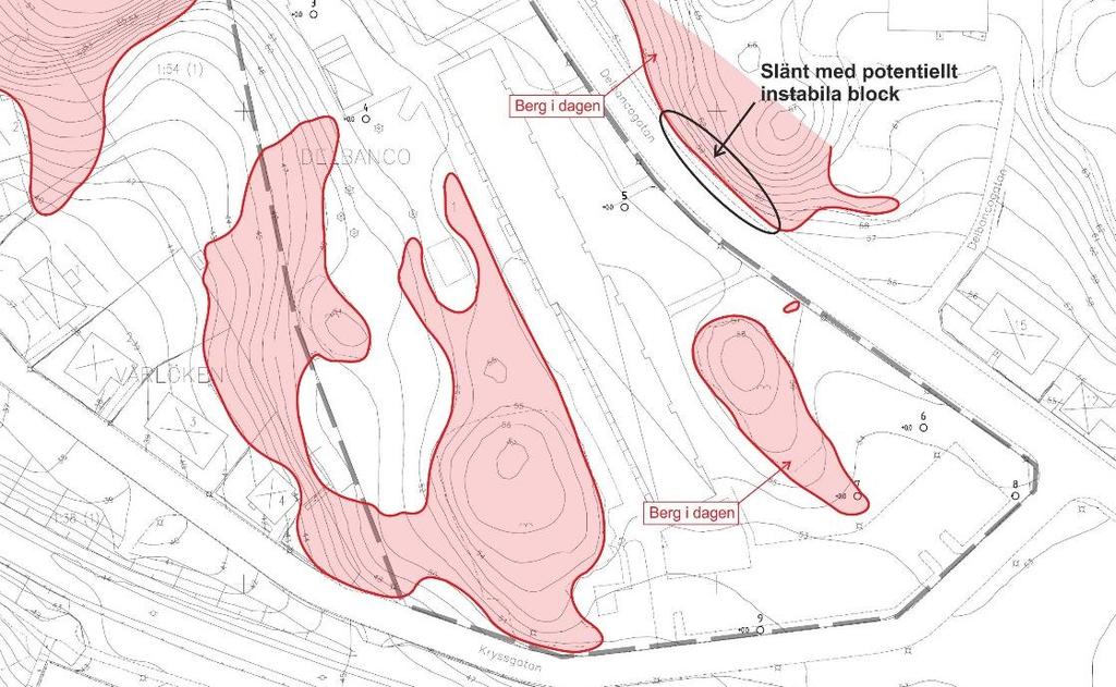 7 (10) 6 Bergras och blocknedfall 6.1 Bergförhållanden Berg i dagen upptar närmare en tredjedel av planområdet och dominerar i västra delen.