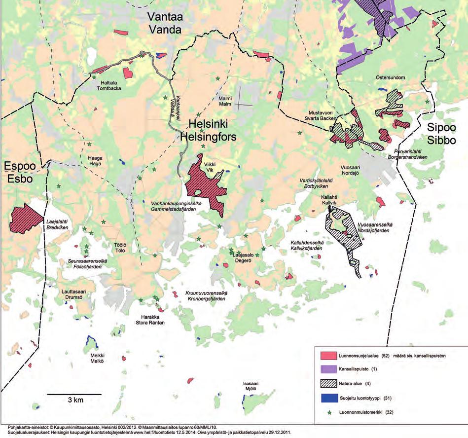 Natur- och markskydd Naturen i Helsingfors är mångformig. 3,2 procent av markytan och 1,2 procent av vattenytan är skyddade genom naturvårdslagen eller ingår i ett Natura-område.