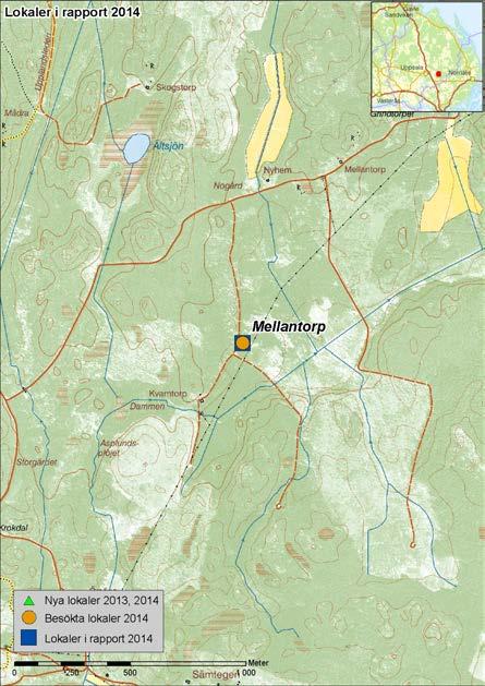 MELLANTORP Inventering: 2001, 2006, 2014 Prioritering: 2 Koordinater: X6636605 Y1619705 Markägare: Holmens bruk Lokalen i Mellantorp ligger strax öster om Fjällnora och består av ett större