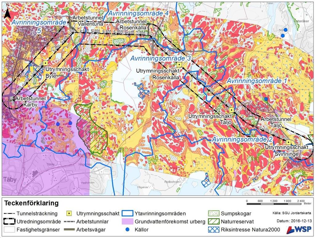 Lövsättra Täby kyrkby Långsjön Ullnasjön Täljö Svinninge marina Svinningelund Figur 3-1 Geologin längs hela utredningsområdet enligt SGU:s jordartskarta samt
