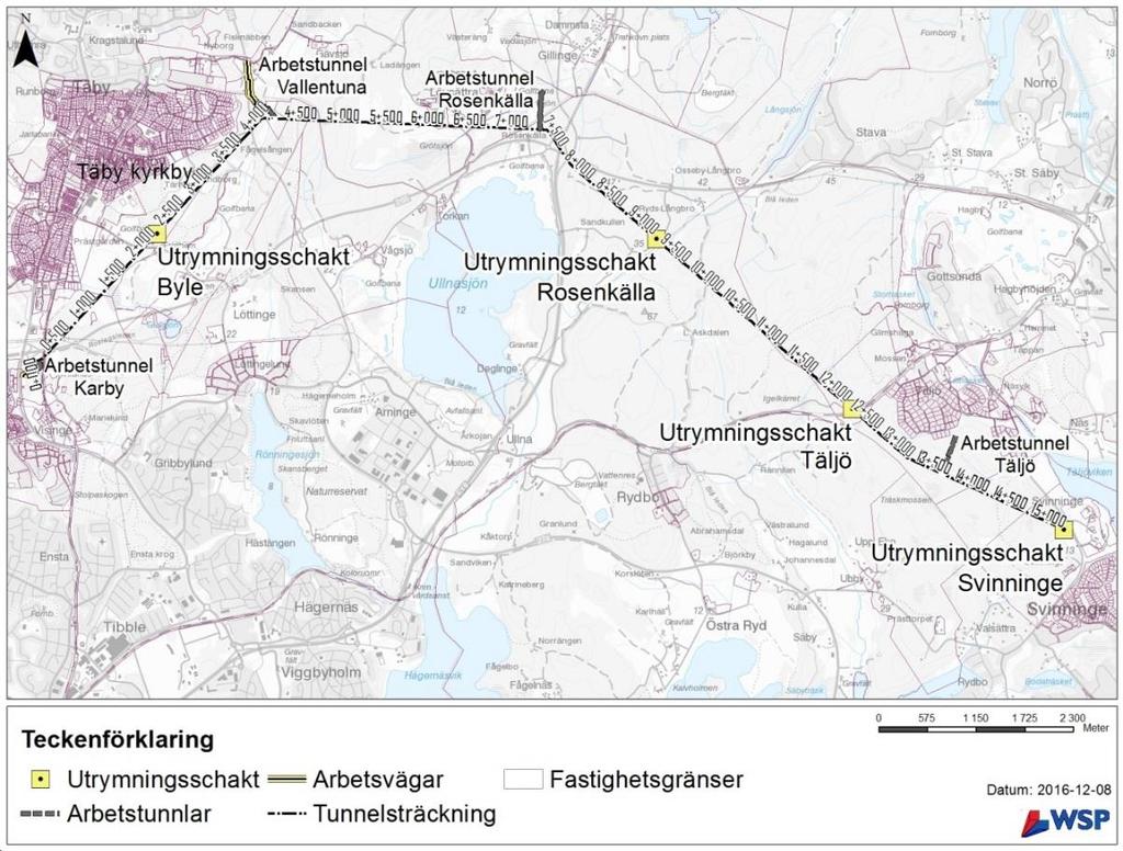 Figur 4-2 Placering av arbetsvägar, arbetstunnlar och utrymningsschakt. I Karby är arbetsvägen placerad vid avloppstunnelns västra ände och nås via avfart från Bergtorpsvägen.