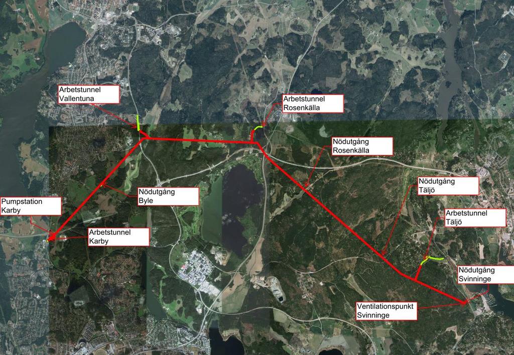 4.6 Påslag samt arbets-/servicetunnlar För att optimera genomförandetiden för bergschaktarbeten och framdriften av VA-tunneln planeras fyra arbetstunnlar i närhet till allmänna vägar med möjlighet