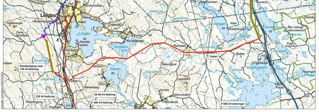 och kommer fram till befintlig 220 kv-ledning där parallellgång påbörjas. Sträckningen vinklar söderut, passerar riksväg 83 och följer sedan befintlig 220 kv-ledning söderut.