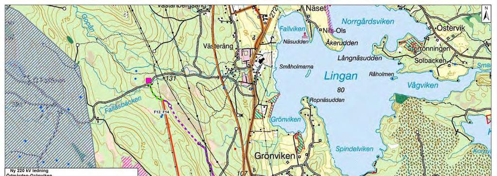 Figur 4. Översikt över alternativa delsträckningar, 1A till 1F, för alternativ 1 närmast transformatorstationen Grönviken.