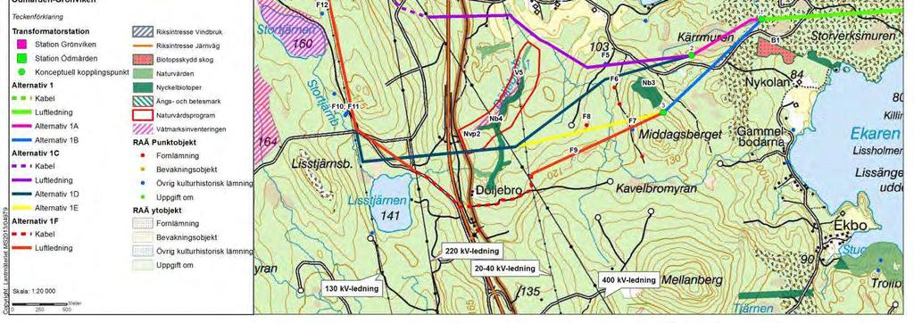 Ca 1 till 1,5 km väster om knutpunkt 1, i knutpunkt 2 och 3, utmynnar sträckningarna i ytterligare fyra alternativa sträckningar (alternativ 1C-1F).