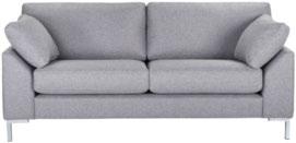 Soffgrupp med stomme i vit läderimitation, sits och rygg med grå tygklädsel, består av: 3-sits soffa, bredd ca