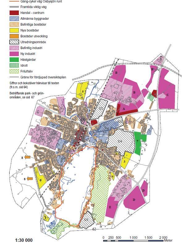 Planområdet ungefärligt utmarkerat med blå ring. Befintligt område med handelcentrum ligger precis bredvid i röd färg samt U2, utredningsområde.