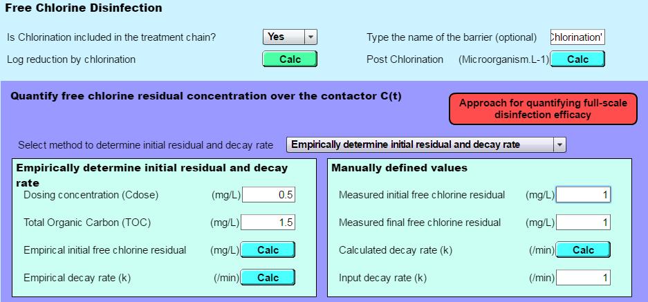 Figur 6. Desinfektion med klor Välj att utgående halt fritt klor ska bestämmas utifrån nedbrytningshastighet och uppehållstid (From initial residual, decay rate and time), se figur 7.