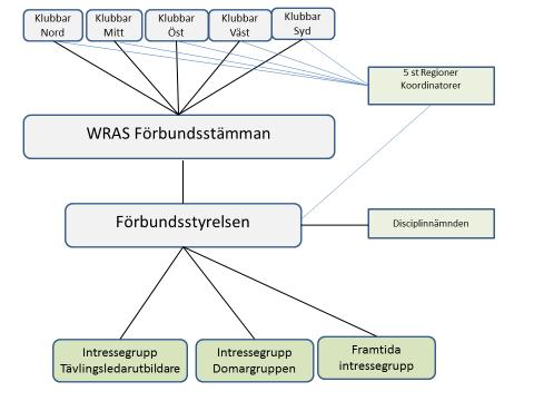 Sidan 5 av 12 Organisationskarta Förbundets bas är de klubbar som ingår i WRAS. Varje klubb kommer ha en direkt påverkan på förbundsstämman med de ombud som företräder klubben.