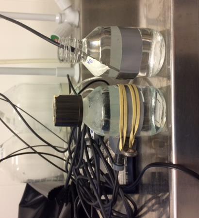 a b Figur 8. Mätuppställning vid mätning av syrgashalt. (a) optoden är fäst vid flaskan till vänster för att mäta syrgasinnehållet, en temperatursensor är nedsänkt i flaskan till höger.