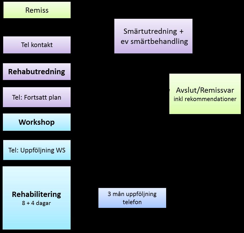 Upplägg och omfattning Rehabiliteringsutredning och rehabiliteringsprogram Målsättning Rehabutredning: Målet är att starta upp rehabiliteringsprocessen genom att bedöma patientens behov av