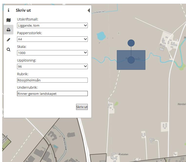 pdf såhär: I dialogen kan man skriva rubrik och underrubrik samt välja pappersstorlek, orientering och skala.