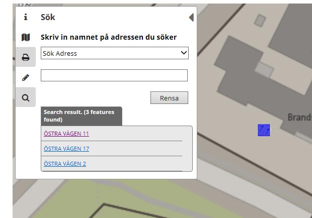 Klicka i listan på adressen (eller fastigheten) som ska sökas upp så förflyttas kartan till