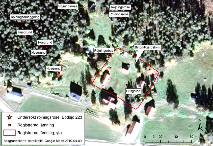 Figur 2. Satellitbild över gårdstunet i Norrböle med lämningar som är registrerade i fornminnesregistret markerade. Större delen av lämningarna registrerades inom projektet. 4.